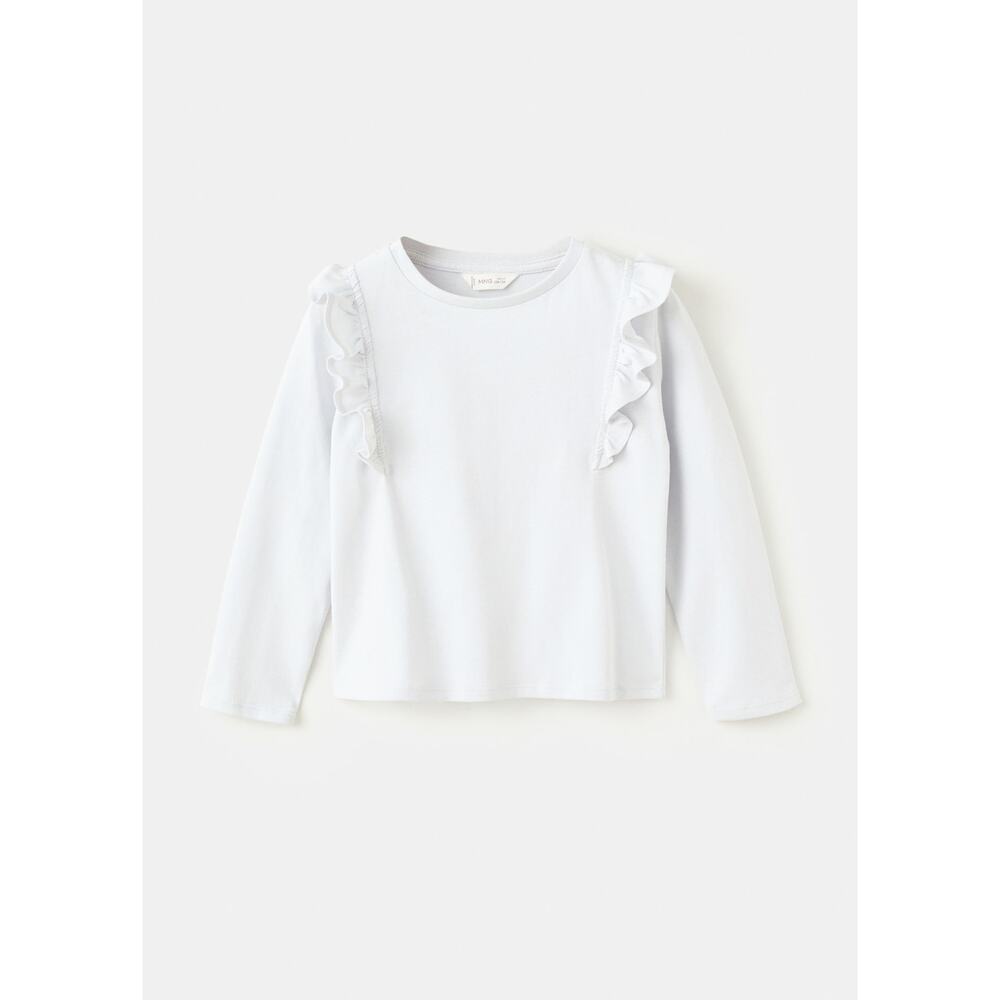 MNG Mango White Long Sleeve Cotton Ruffle T-Shirt
